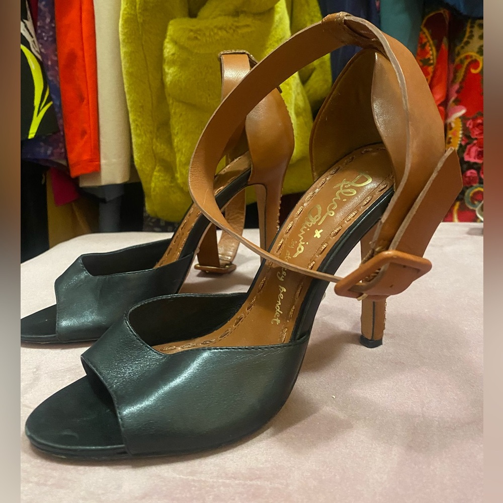 Alice and Olivia black and camel color open toe heels.